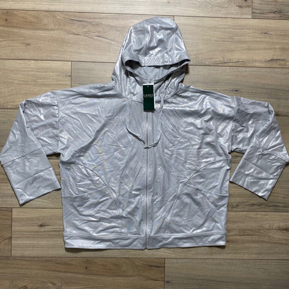 Lauren Ralph Lauren Women’s Full‎ Zip Metallic Hooded Jacket Size Large Silver